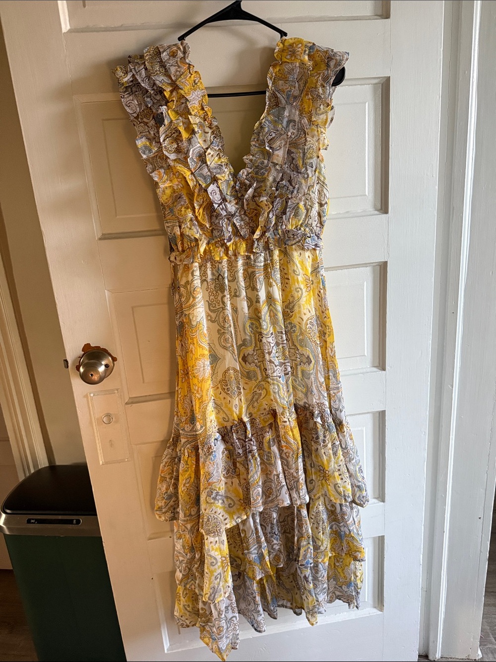Yellow Paisley Ruffle V-Neck Maxi Dress - Women's